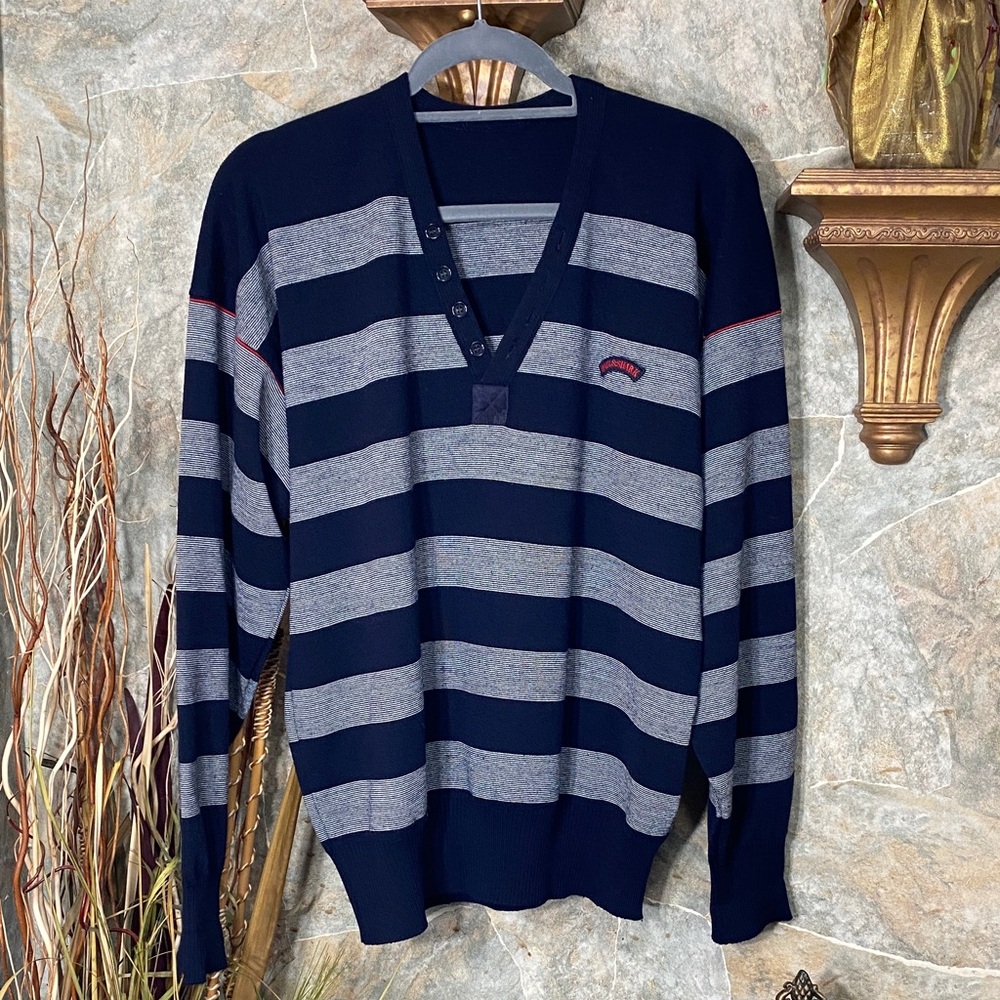 Paul & shark wool yachting sweater shirt Striped Navy white button neck detail